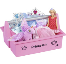 Werkzeugtrage für Kinder mit Prinzessin Motiv von Allit, gefüllt mit einer Puppe, einem Stoff Einhorn, Diademen und Kleidern.