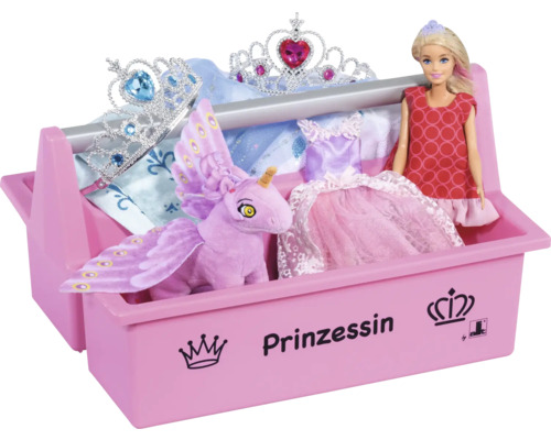 Werkzeugtrage für Kinder mit Prinzessin Motiv von Allit, gefüllt mit einer Puppe, einem Stoff Einhorn, Diademen und Kleidern.