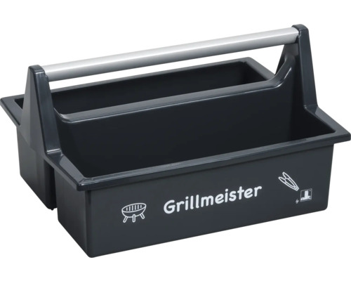 Tragekasten für Grillzubehör mit zwei Fächern, Symbolen für Grill und Zange, Aufschrift Grillmeister und allit Logo.