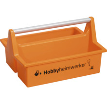 Orangefarbene Werkzeugtrage aus Kunststoff mit Aluminiumgriff und zwei Fächern, Aufschrift Hobbyheimwerker.