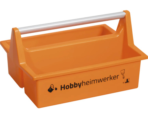 Orangefarbene Werkzeugtrage aus Kunststoff mit Aluminiumgriff und zwei Fächern, Aufschrift Hobbyheimwerker.