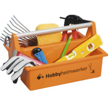 Oranger Werkzeugträger aus Kunststoff, befüllt mit Werkzeugen wie Wasserwaage, Cuttermesser, Arbeitshandschuhen und einem Schwamm.