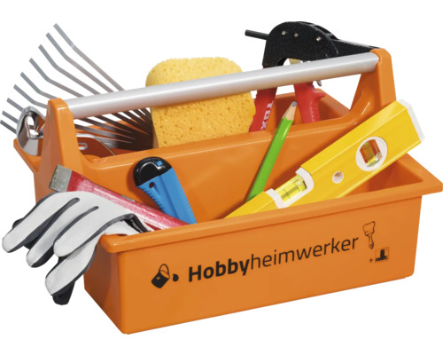 Oranger Werkzeugträger aus Kunststoff, befüllt mit Werkzeugen wie Wasserwaage, Cuttermesser, Arbeitshandschuhen und einem Schwamm.