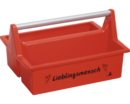 Rote Werkzeugtrage aus Kunststoff mit der Aufschrift Lieblingsmensch, zwei Herzsymbolen und einem silbernen Tragegriff.