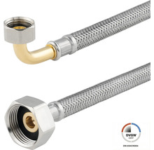 Flexibler Panzerschlauch aus Edelstahl mit 90 Grad Bogen und Überwurfmutter, DVGW zertifiziert.