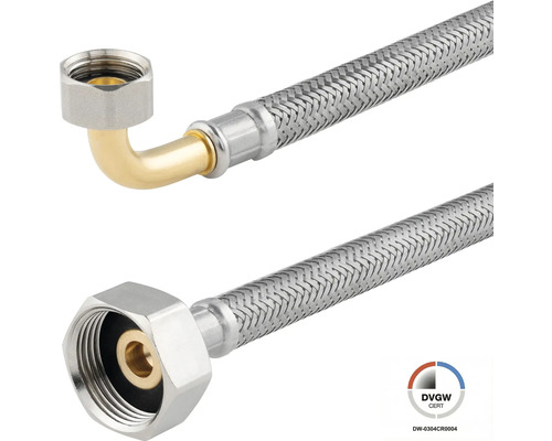 Flexibler Panzerschlauch aus Edelstahl mit 90 Grad Bogen und Überwurfmutter, DVGW zertifiziert.