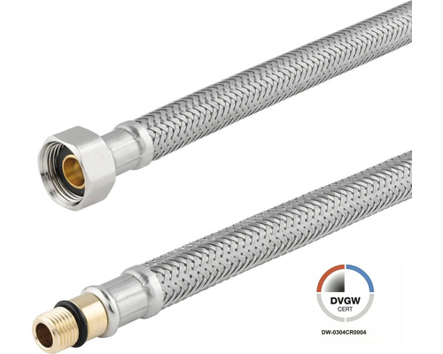 Flexibler Armaturenanschlussschlauch mit Edelstahlgeflecht, Gewindeanschlüssen und DVGW-Zertifizierung.