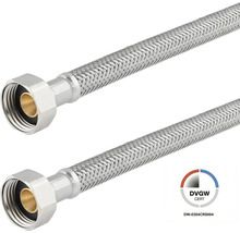 Flexibler Anschlussschlauch mit Edelstahlumflechtung, Überwurfmutter und Dichtung, DVGW zertifiziert.