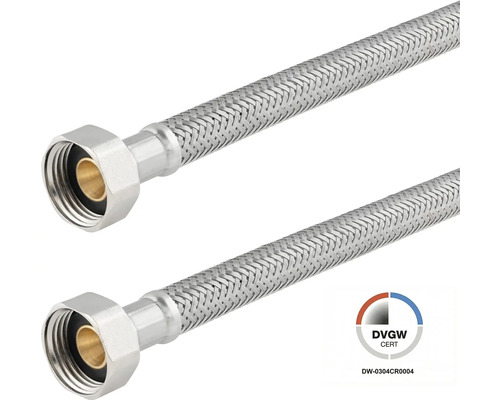 Flexibler Anschlussschlauch mit Edelstahlumflechtung, Überwurfmutter und Dichtung, DVGW zertifiziert.