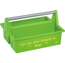 Grüner Werkzeugtragekasten aus Kunststoff für den Garten mit zwei Fächern, Tragegriff, Aufdruck Ich bin eine Rakete im Beet sowie allit Logo.