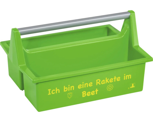Grüner Werkzeugtragekasten aus Kunststoff für den Garten mit zwei Fächern, Tragegriff, Aufdruck Ich bin eine Rakete im Beet sowie allit Logo.
