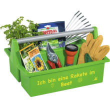 Grüner Garten-Werkzeugträger aus Kunststoff mit Aufschrift Ich bin eine Rakete im Beet, Metallgriff, Gartenhandschuhen, Schere und Kräutern.