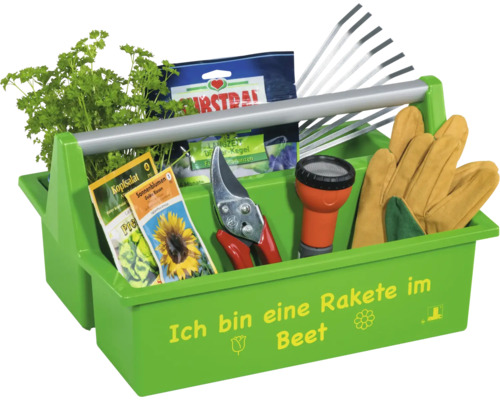 Grüner Garten-Werkzeugträger aus Kunststoff mit Aufschrift Ich bin eine Rakete im Beet, Metallgriff, Gartenhandschuhen, Schere und Kräutern.