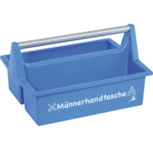 Blaue Werkzeugtrage aus Kunststoff mit Aluminiumgriff und Aufdruck Männerhandtasche. Allit Logo.