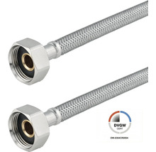 Zwei flexible Anschlussschläuche aus Edelstahlgeflecht mit Messingverschraubung und DVGW-Zertifizierung.