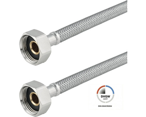 Zwei flexible Anschlussschläuche aus Edelstahlgeflecht mit Messingverschraubung und DVGW-Zertifizierung.