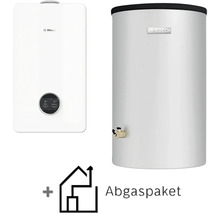 Bosch Gas-Brennwert-Heizungsset mit Warmwasserspeicher und Abgaspaket.