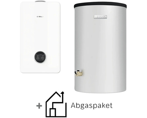 Bosch Gas-Brennwert-Heizungsset mit Warmwasserspeicher und Abgaspaket.