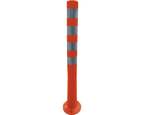 Flexibler Leitpfosten aus Kunststoff in Orange mit silbernen Reflexstreifen und rundem Standfuß.