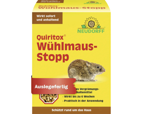 Neudorff Quiritox Wühlmaus-Stopp, auslegefertiges Vergrämungsmittel gegen Wühlmäuse in einer Packung mit Neudorff Logo.