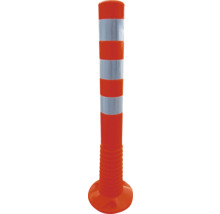 Flexibler orangefarbener Leitpfosten mit weißen Reflexstreifen und geriffeltem Sockel zur Verkehrsführung.