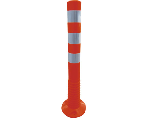 Flexibler orangefarbener Leitpfosten mit weißen Reflexstreifen und geriffeltem Sockel zur Verkehrsführung.