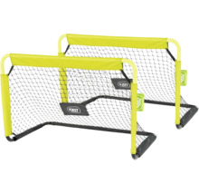 Zwei kleine Fußballtore mit neongelbem Rahmen, schwarzem Netz und EXIT Toys Logo.