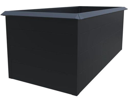 Rechteckiges Hochbeet aus Metall in Anthrazit mit horizontalen Paneelen.