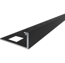 Schwarze Fliesenschiene, Winkelprofil aus Aluminium mit rechteckiger Kante und gelochtem Schenkel.