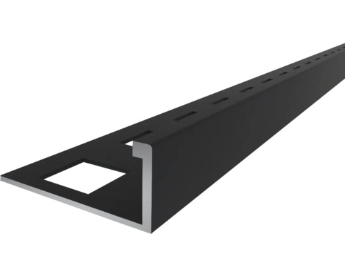 Schwarze Fliesenschiene, Winkelprofil aus Aluminium mit rechteckiger Kante und gelochtem Schenkel.