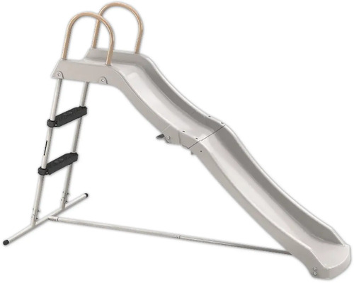 Hellgraue Kinderrutsche aus Kunststoff mit Leiter und Metallgestell.