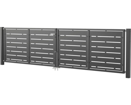 Modernes Doppelflügeltor aus Metall mit horizontalem Schlitzmuster in Anthrazit.
