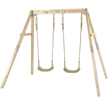 Doppelschaukel aus Holz mit zwei grünen Sitzen und verstellbaren Seilen.