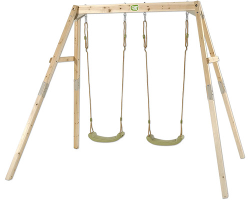 Doppelschaukel aus Holz mit zwei grünen Sitzen und verstellbaren Seilen.