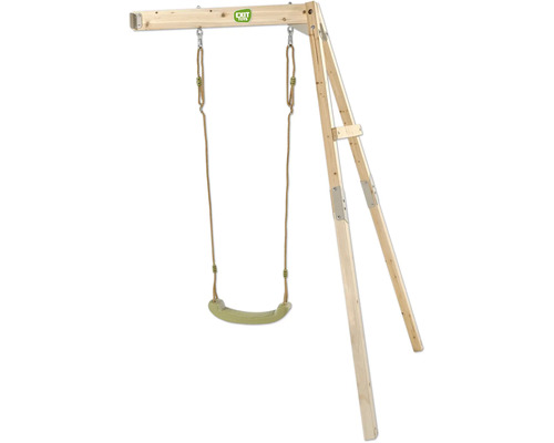 Einzelschaukel aus Holz mit grünem Kunststoffsitz und braunen Seilen, EXIT TOYS Logo auf dem Balken.