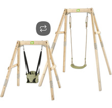 EXIT TOYS Holzschaukel aus naturbelassenem Holz mit austauschbarem Babysitz und Standardsitz.
