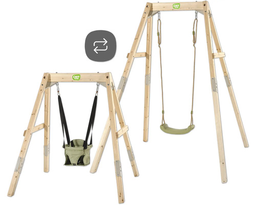 EXIT TOYS Holzschaukel aus naturbelassenem Holz mit austauschbarem Babysitz und Standardsitz.
