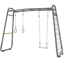 Graues EXIT Klettergerüst aus Metall mit Hangelstangen, Schaukel, Gymnastikringen und Kletternetz.