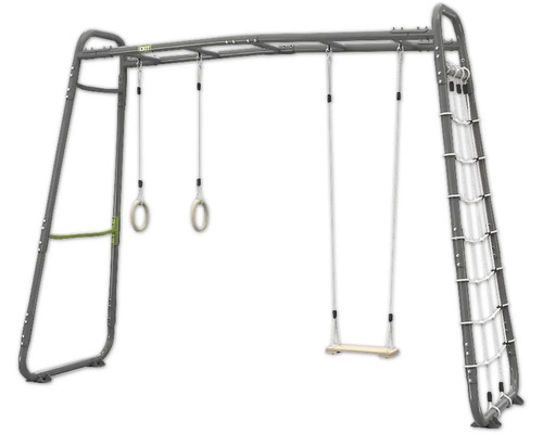 Graues EXIT Klettergerüst aus Metall mit Hangelstangen, Schaukel, Gymnastikringen und Kletternetz.