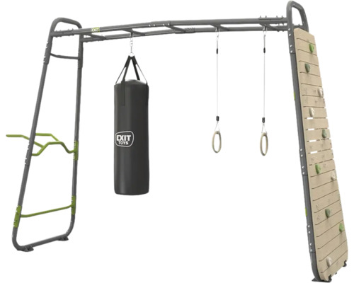 EXIT Toys Outdoor-Fitnessstation mit Hangelleiter, Boxsack, Turnringen und Kletterwand.