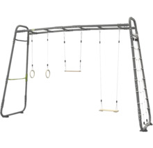EXIT GetSet Klettergerüst aus Metall mit Hangelstange, zwei Schaukeln, Turnringen und einem Kletternetz.