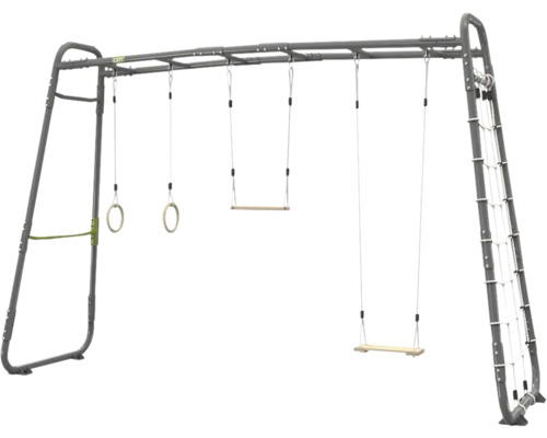 EXIT GetSet Klettergerüst aus Metall mit Hangelstange, zwei Schaukeln, Turnringen und einem Kletternetz.