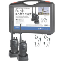 Midland G10 Funkgeräte-Kofferset mit zwei Funkgeräten, zwei Ladeschalen, zwei Headsets und einem Transportkoffer.