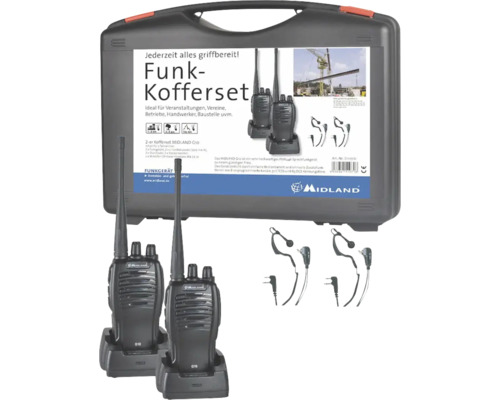 Midland G10 Pro PMR 2er Handwerker-Kofferset 2-teilig Midland G10 Funkgeräte-Kofferset mit zwei Funkgeräten, zwei Ladeschalen, zwei Headsets und einem Transportkoffer.