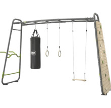 EXIT Toys GetSet Outdoor-Fitnessgerät mit Boxsack, Turnringen, Schaukel, Kletterwand und Hangelleiter aus Metall.
