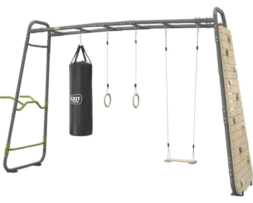 EXIT Toys GetSet Outdoor-Fitnessgerät mit Boxsack, Turnringen, Schaukel, Kletterwand und Hangelleiter aus Metall.
