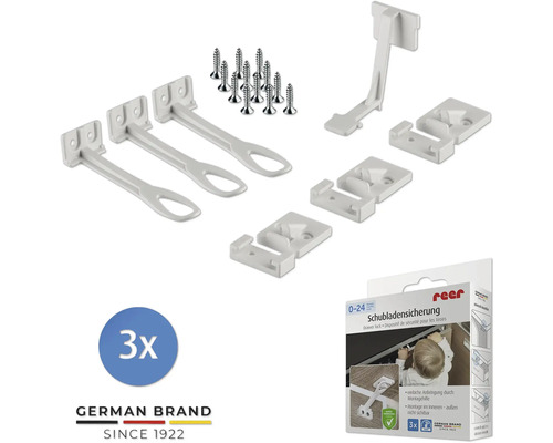 Dreiteiliges weißes Schubladensicherung Set von reer aus Kunststoff inklusive Montageschrauben zur Sicherung von Schubladen und Schränken.