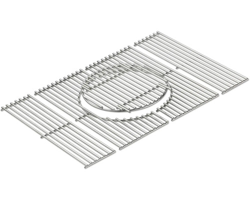 Vierteiliger Grillrost aus Edelstahl mit runder Aussparung für Grilleinsätze.