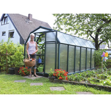 Großes Gewächshaus im Garten mit Hohlkammerplatten aus Polycarbonat und Metallgestell, Frau mit Erntekorb vor dem Eingang.