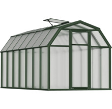 Gewächshaus mit dunkelgrünem Aluminiumrahmen, Hohlkammerplatten aus Polycarbonat, einer Drehtür und einem geöffneten Dachfenster.